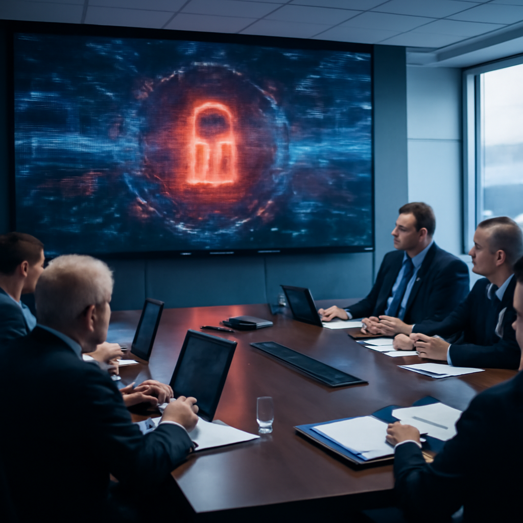 Secure facility briefing room with officials analyzing cyber threats on large screen and laptops.