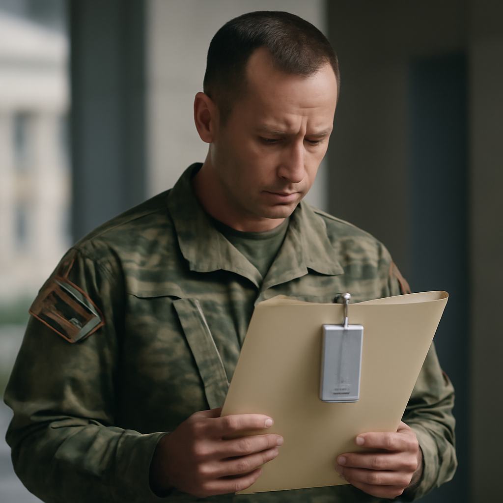 Military personnel in institutional setting with blurred government building background.