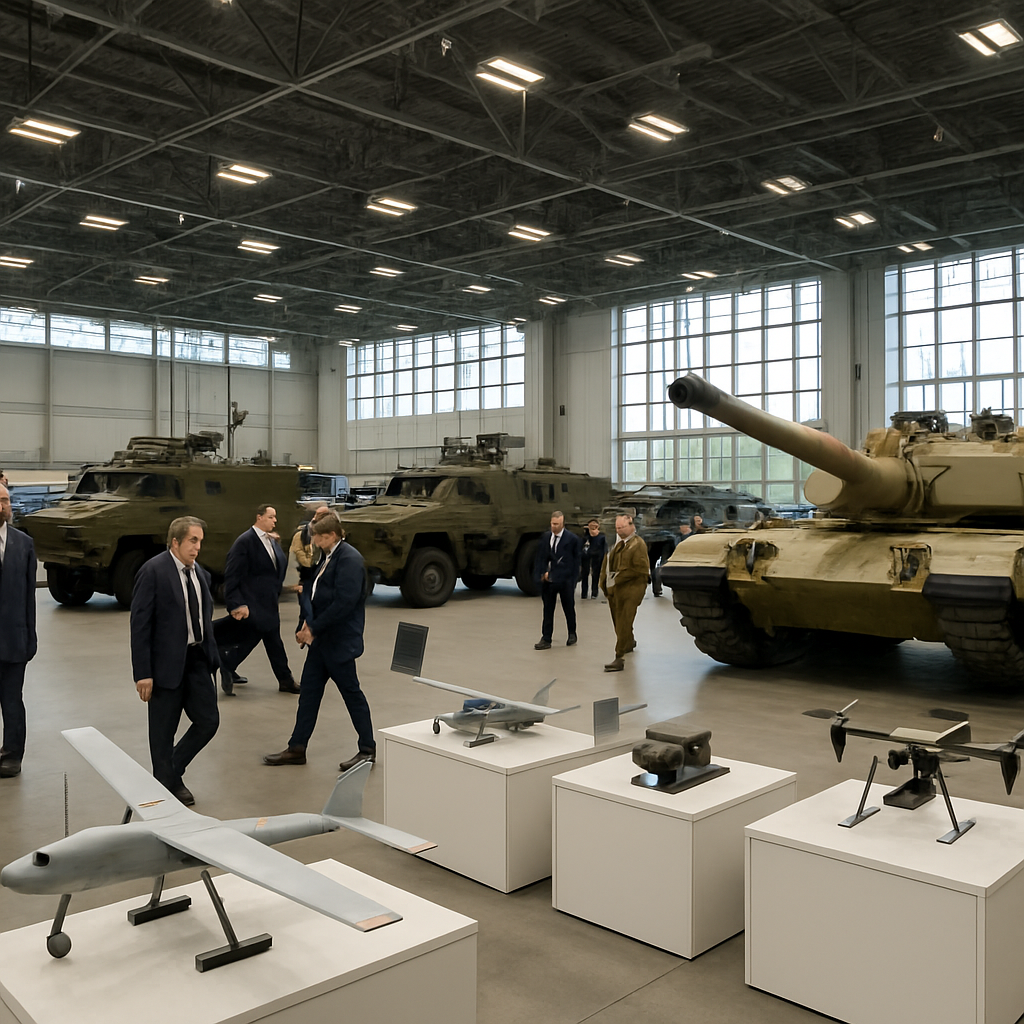 Convention center hall filled with military tech exhibits and attendees in business and uniform attire.