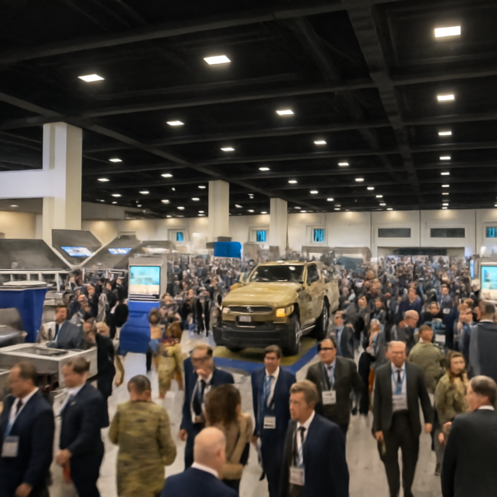 Crowded exhibition hall with defense exhibits and attendees at convention center.