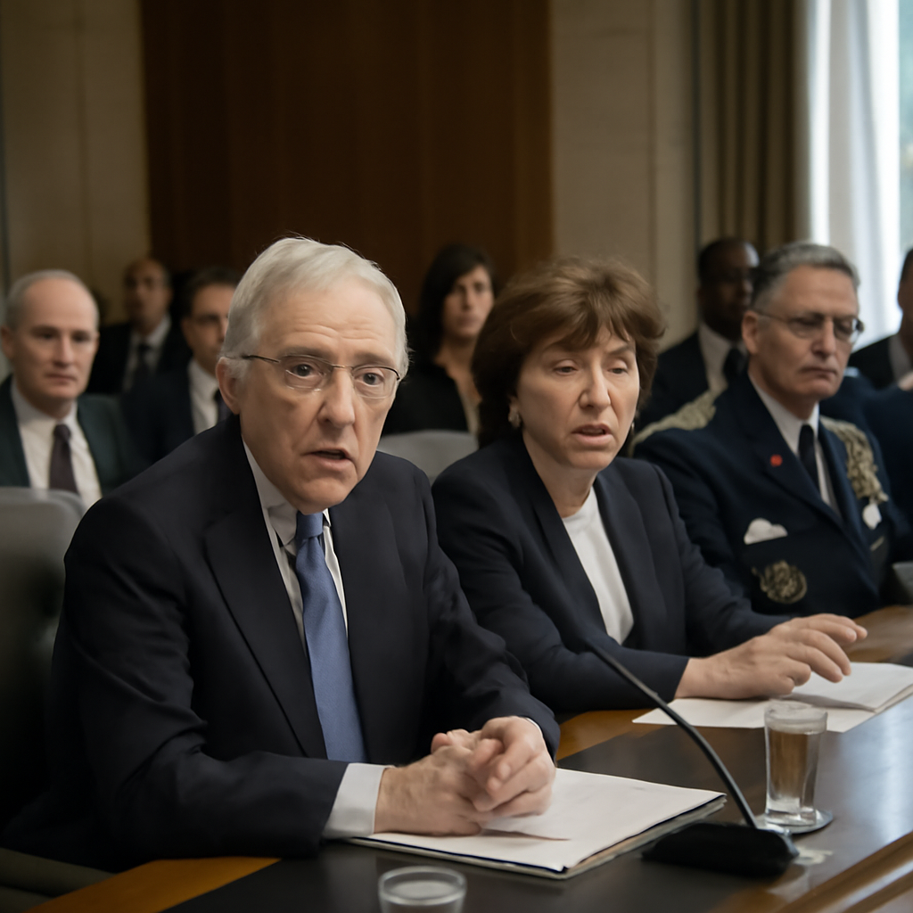 Senators McConnell and Collins sit at a hearing table with other Senate appropriators and Air Force leaders on Capitol Hill.