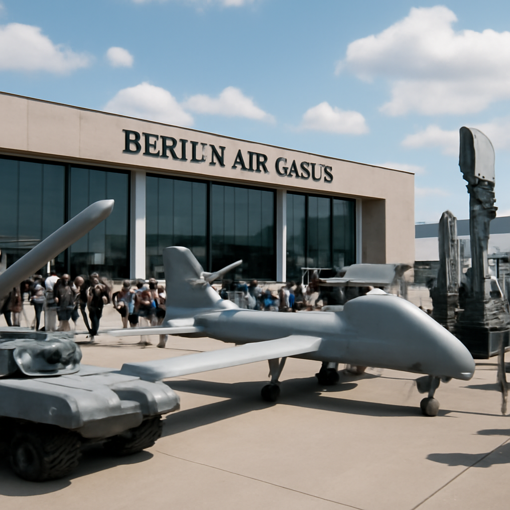 Military and aerospace exhibits on display at Berlin Air Show with attendees in background.