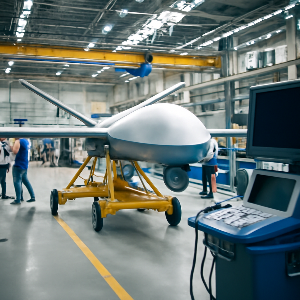 Workers in a brightly-lit facility assemble advanced defense technology components, conveying a sense of urgency and rapid…