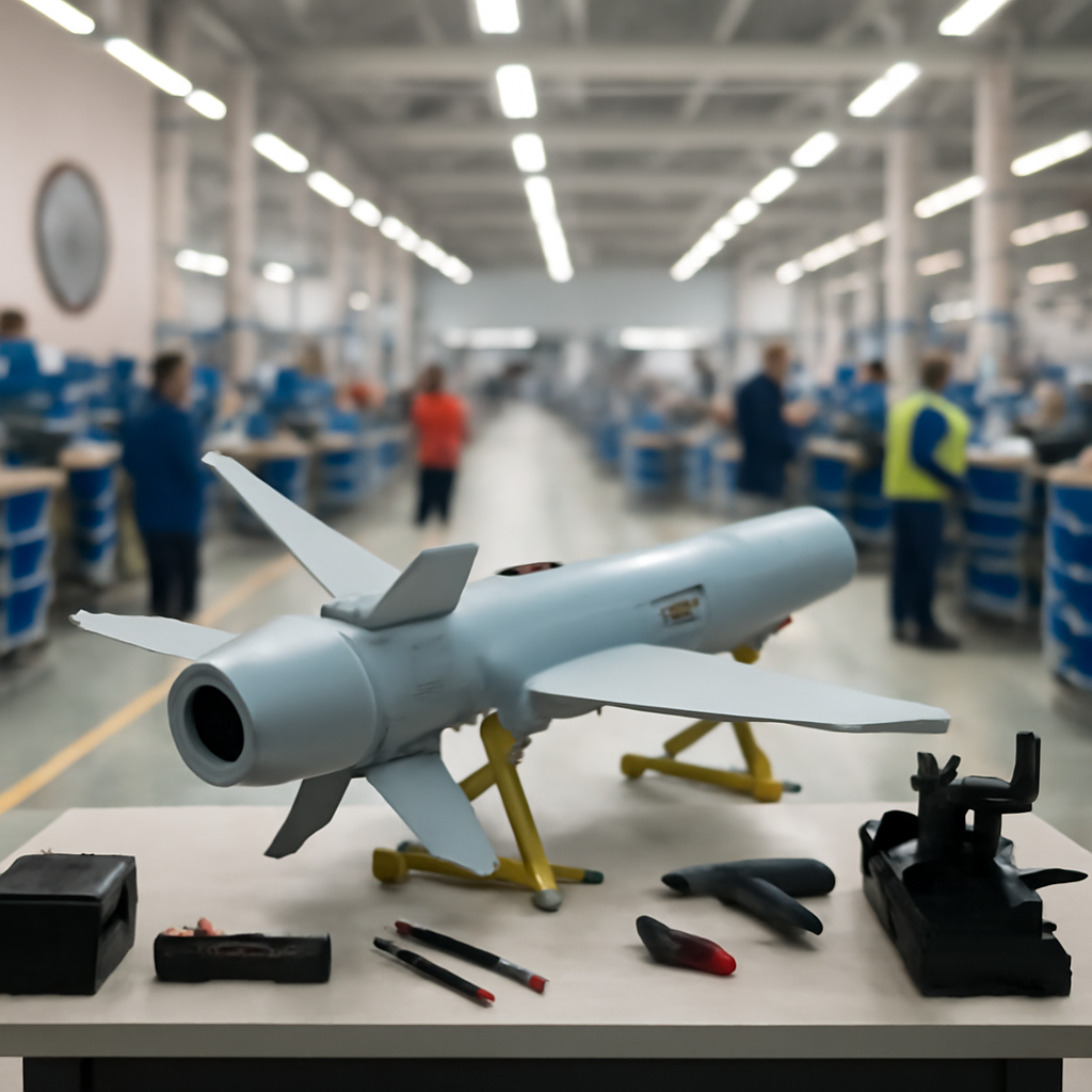 Munition assembly line with workstations, machinery, and a partially-built UAV on a central workbench.