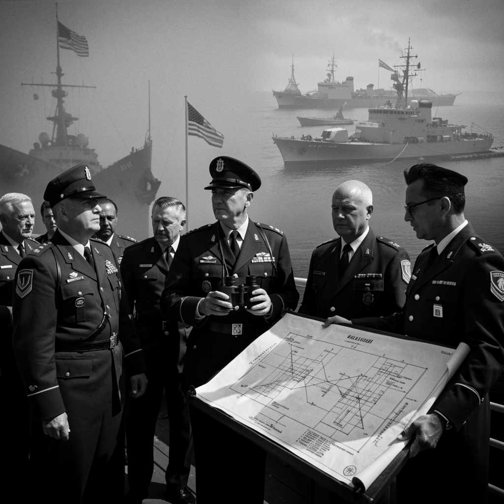 Military leaders stand on a ship's deck, surrounded by naval vessels, with one leader gazing out to sea and another…