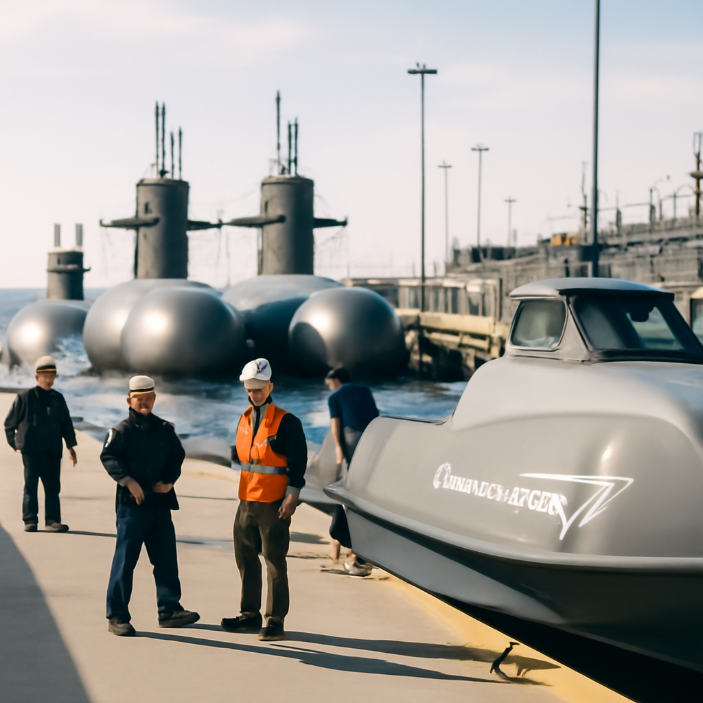 Naval dock with submarines and defense personnel, featuring a Lockheed Martin vessel model.