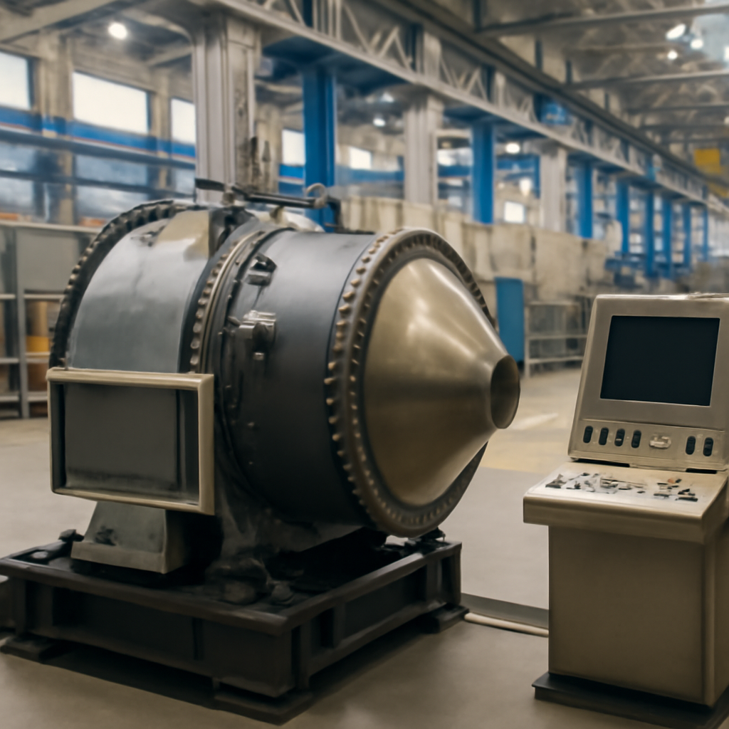 Defense industry facility with large, partially-assembled component in foreground.