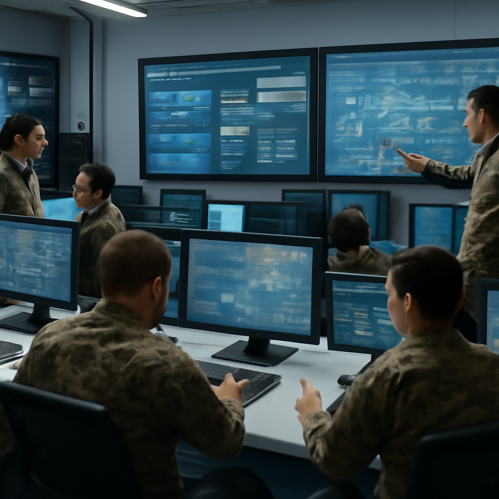 Military personnel interact with computer workstations and large screens in a high-tech operations room.