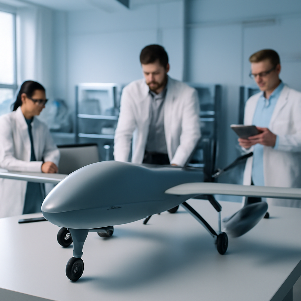 Researchers work on a prototype device in a brightly-lit defense technology laboratory.