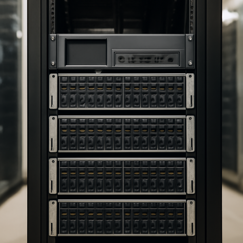 Storage equipment in a data center with surrounding infrastructure blurred.