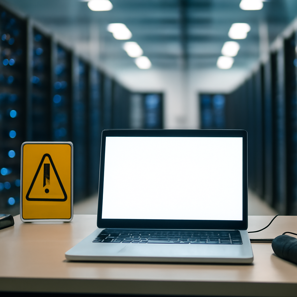 Storage administrator's workstation with laptop and blurred screen in a data center environment.