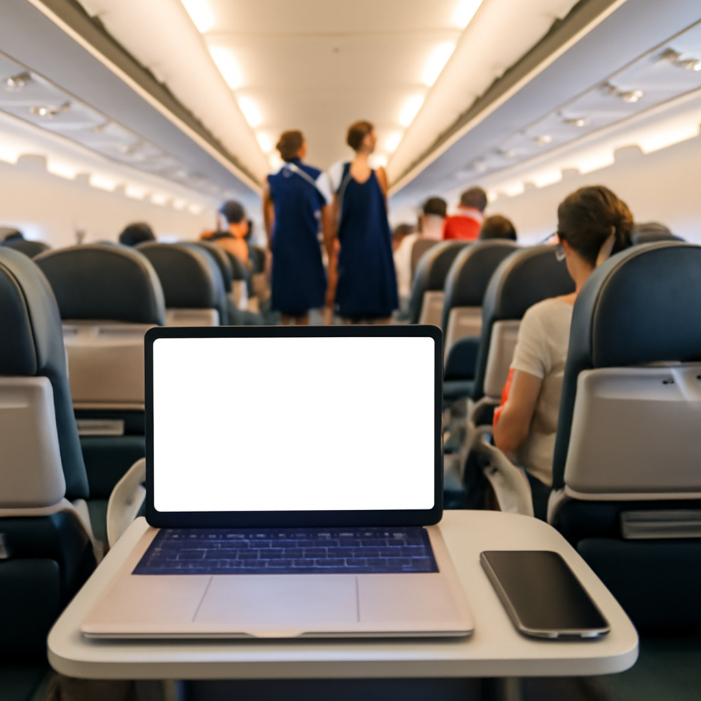 Airplane cabin with passengers and crew, laptop and smartphone on a tray table.