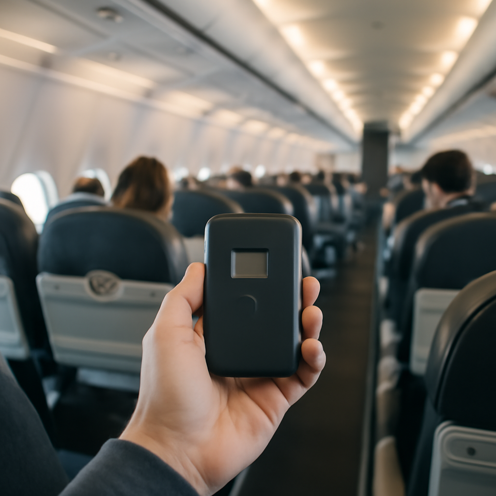 Passenger holds small device, possibly a Wi-Fi hotspot, on plane with blurred travelers in background.