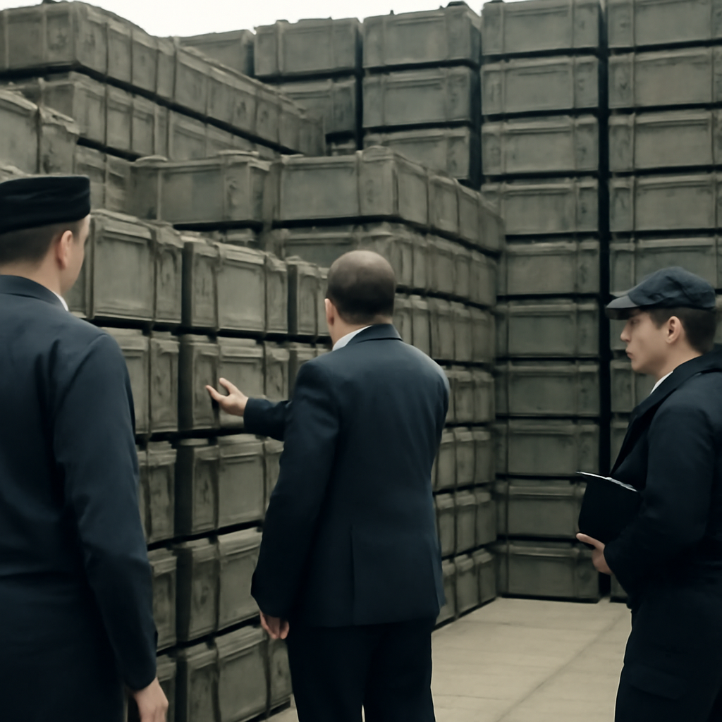Officials inspect and manage neatly stacked containers in a secure storage facility.