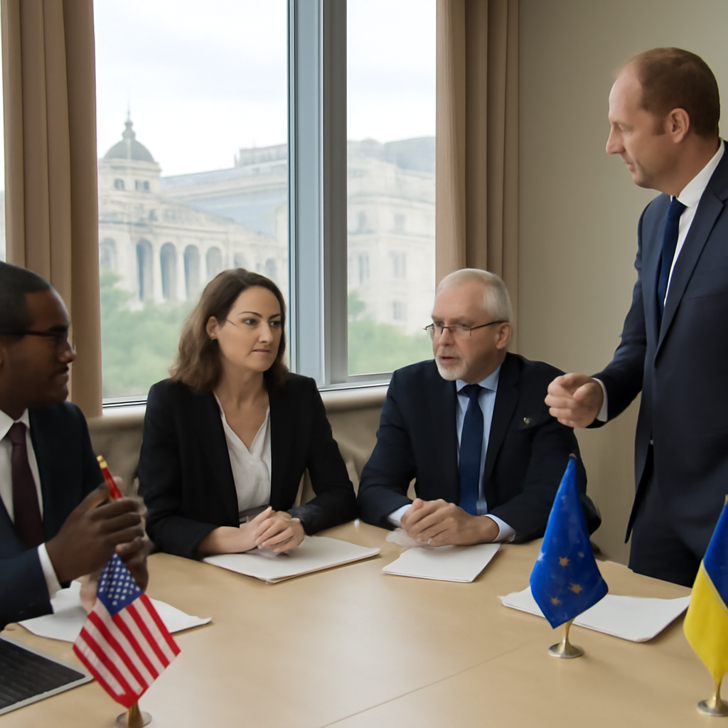 Delegates from various countries seated and standing around a large table in a formal meeting room, engaged in discussion.