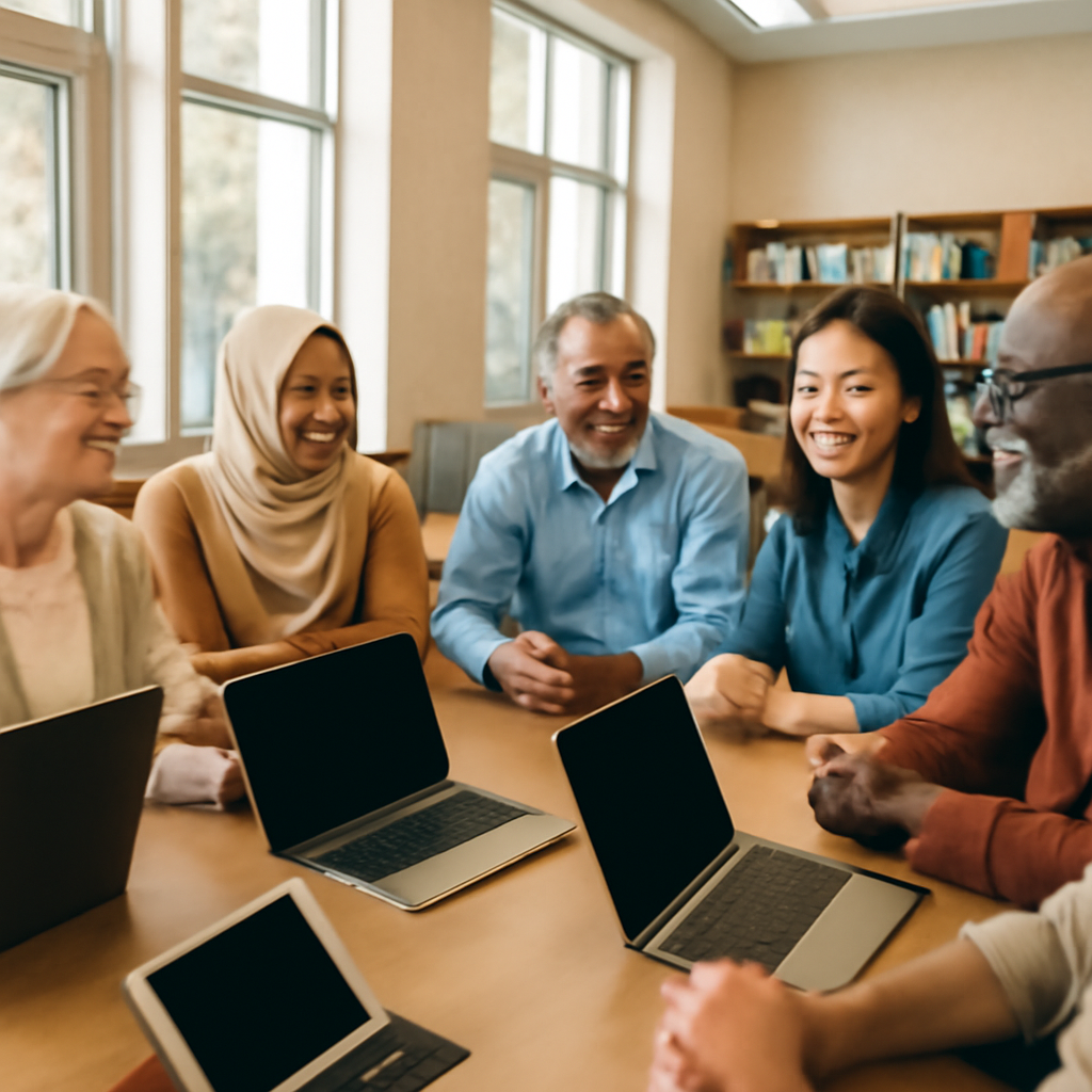 Diverse group of people gathered around a table with laptops and tablets in a bright community center.