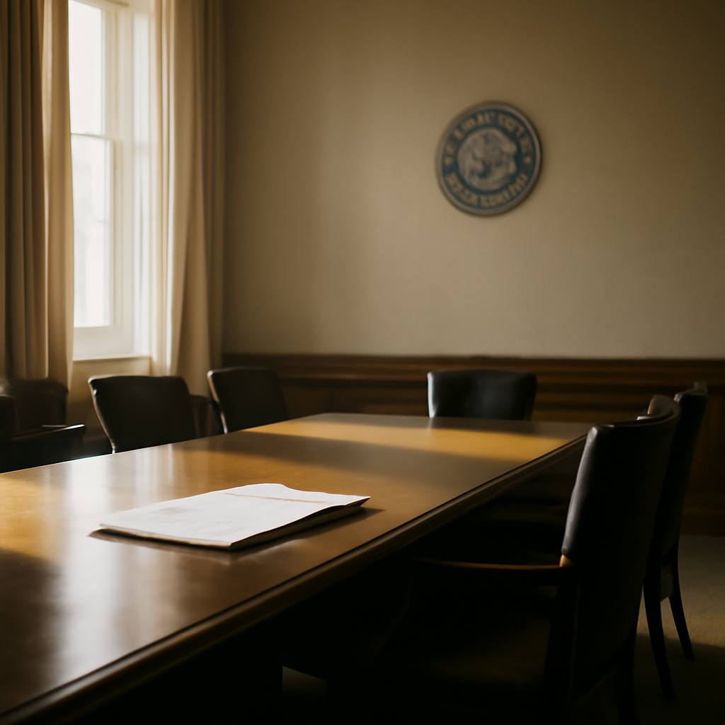 Briefing room with wooden table, chairs, and open notebook, lit by daylight from a tall window.