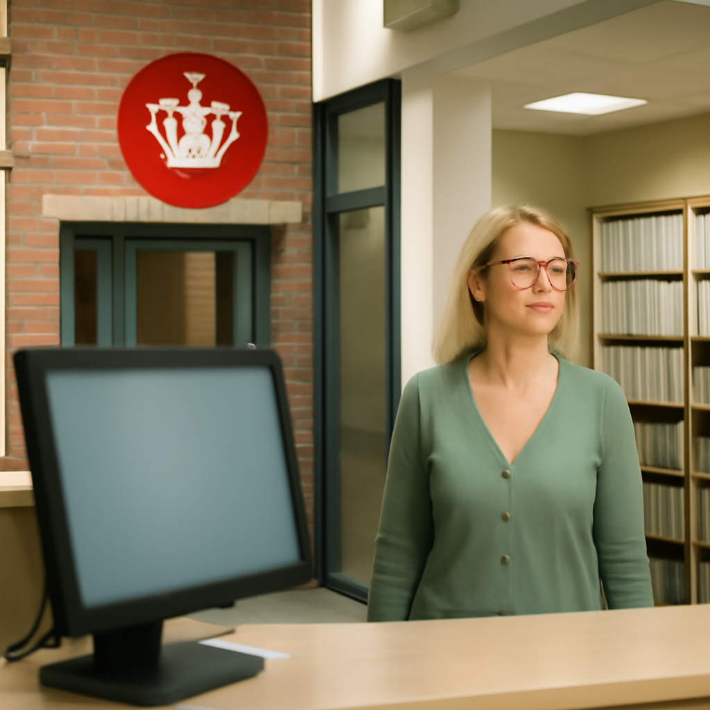 Danish government building with computer terminal and records storage area hint.