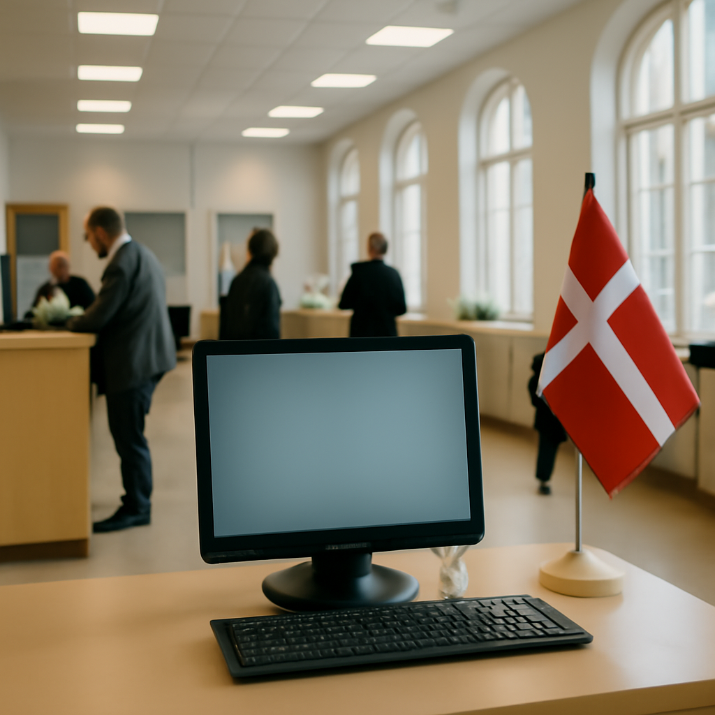 Interior of Danish civic building with people in background and computer workstation in foreground.