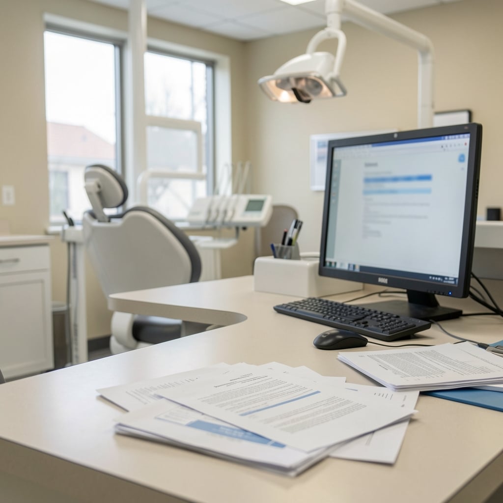 Dental office with scattered papers and blurred computer screen.