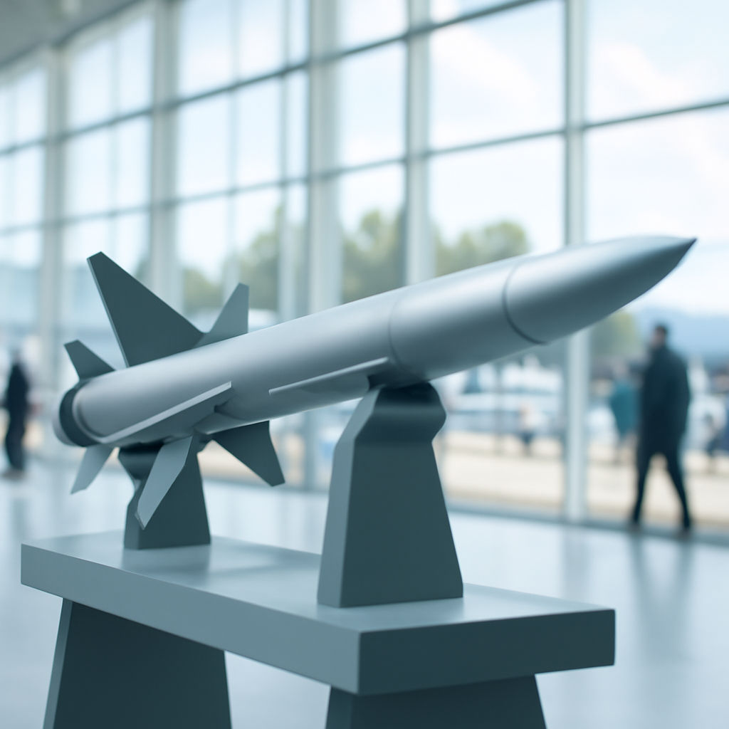 Sleek interceptor missile on display stand in exhibition hall with blurred attendees in background.