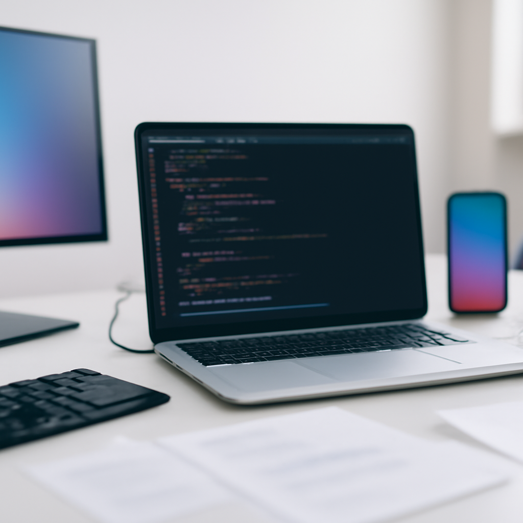 Empty developer workstation with laptop and peripherals on a neutral background.