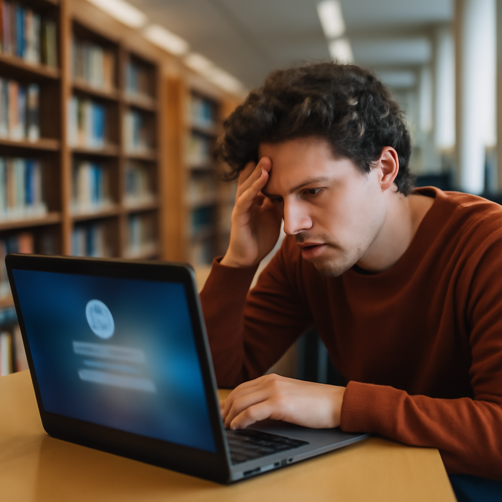 Person sitting at laptop in library looks concerned at login screen.