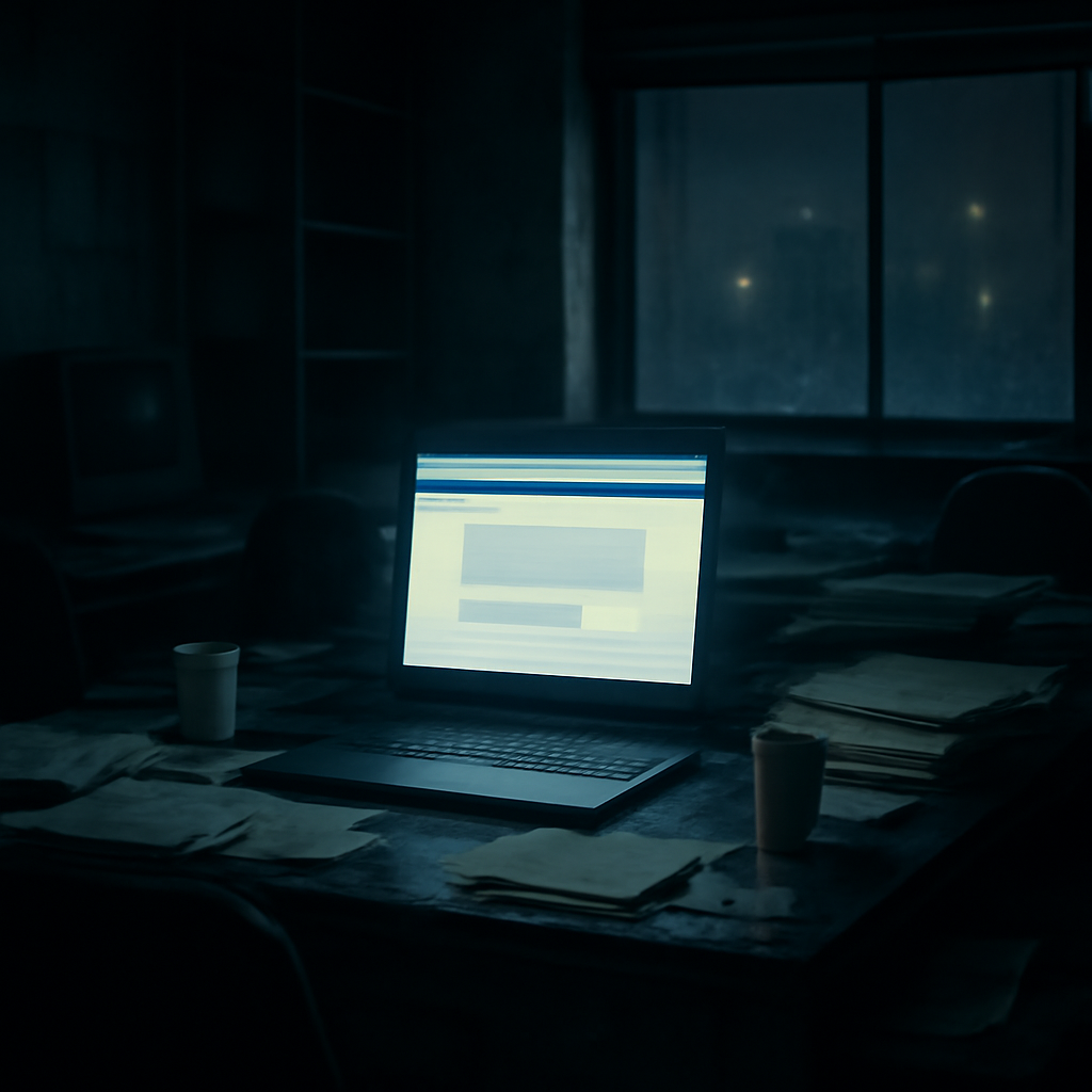 Dimly lit workspace with a single bright laptop screen surrounded by clutter and papers.