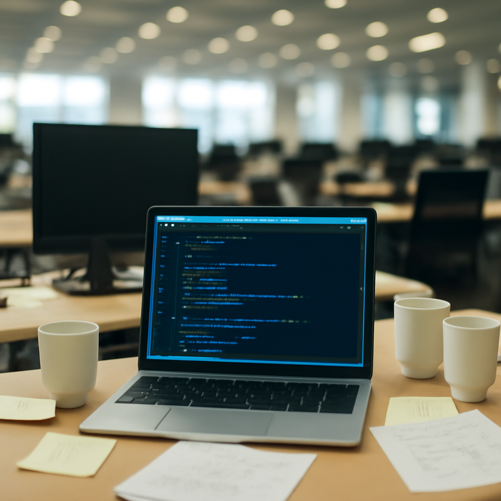 Government IT developer's workstation with code on laptop screen, notes, and coffee cups, in a large office space.
