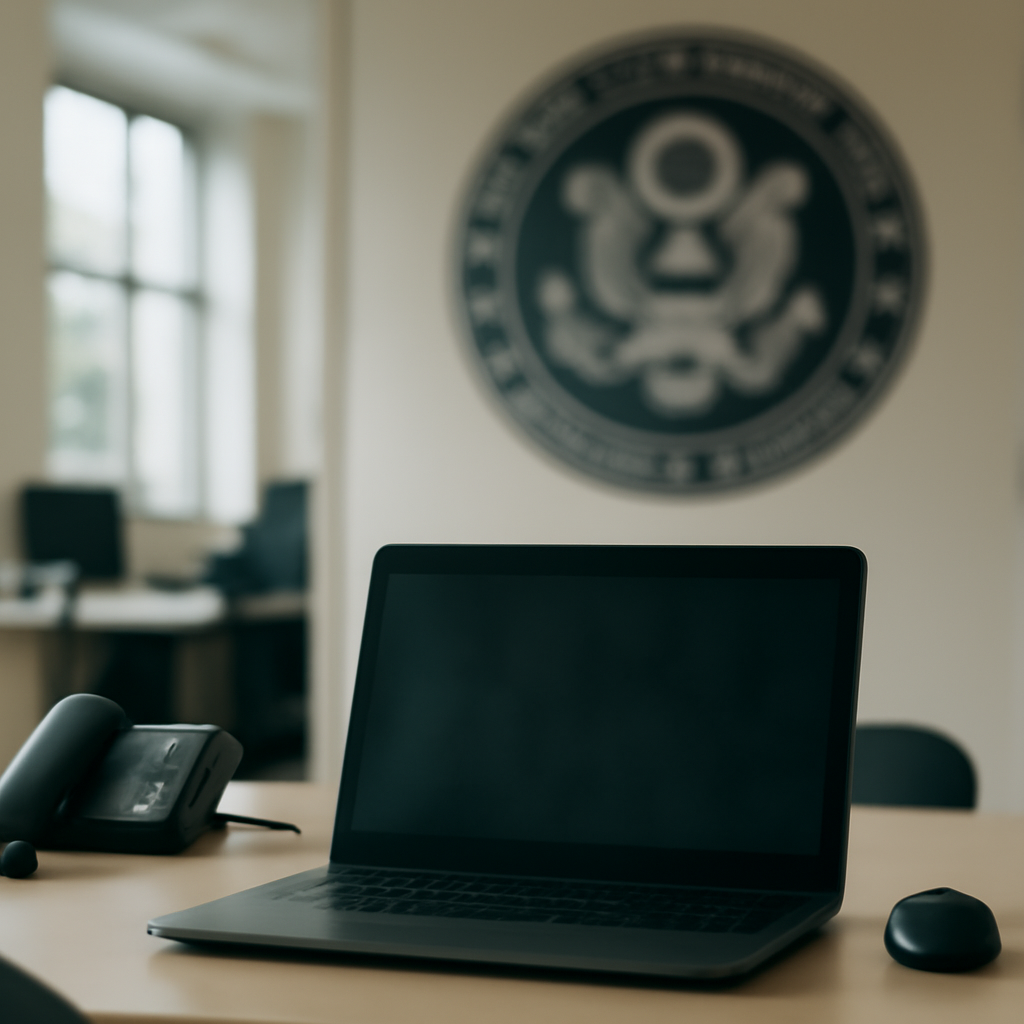 Federal agency office interior with blurred computer workstation and government seal in background.