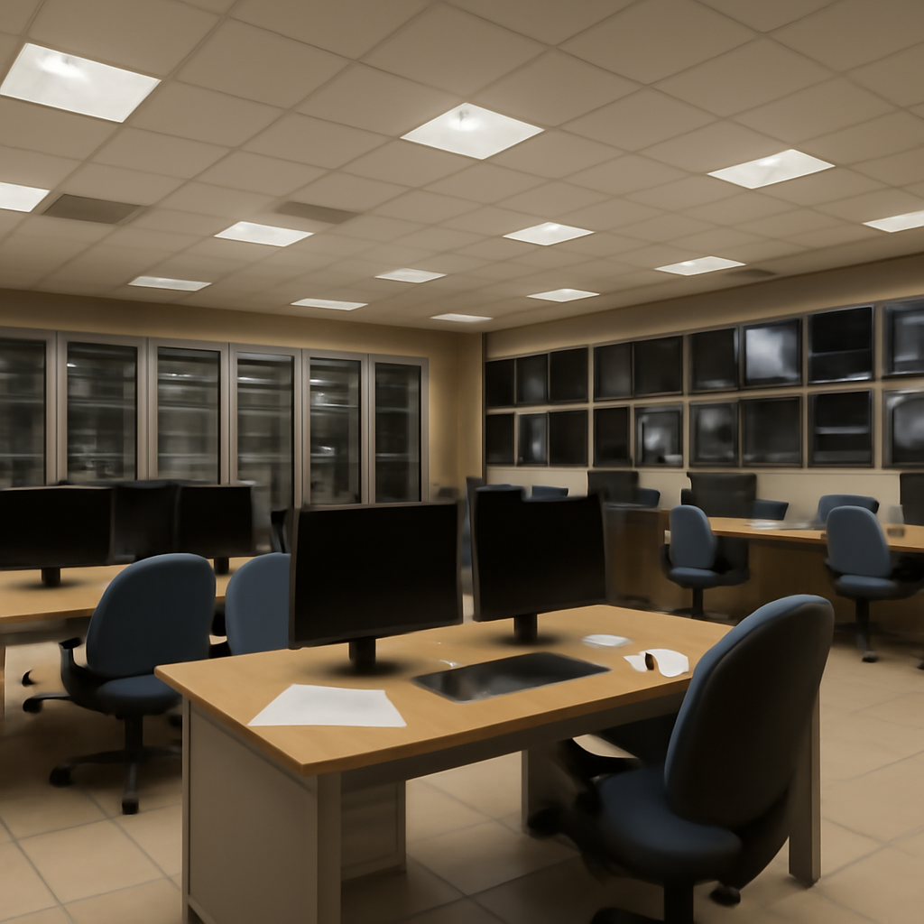 Empty government network operations room with rows of computer servers and scattered papers.