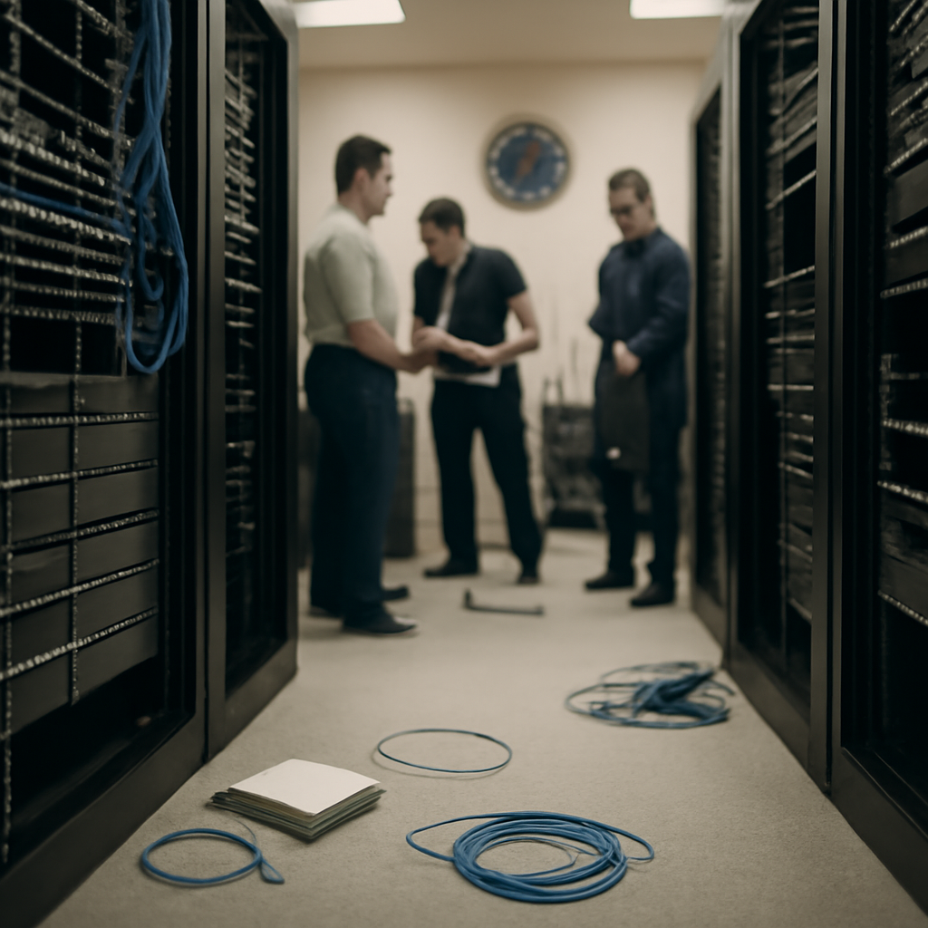 Technicians in a server room remove equipment, disconnect cables from computer racks.