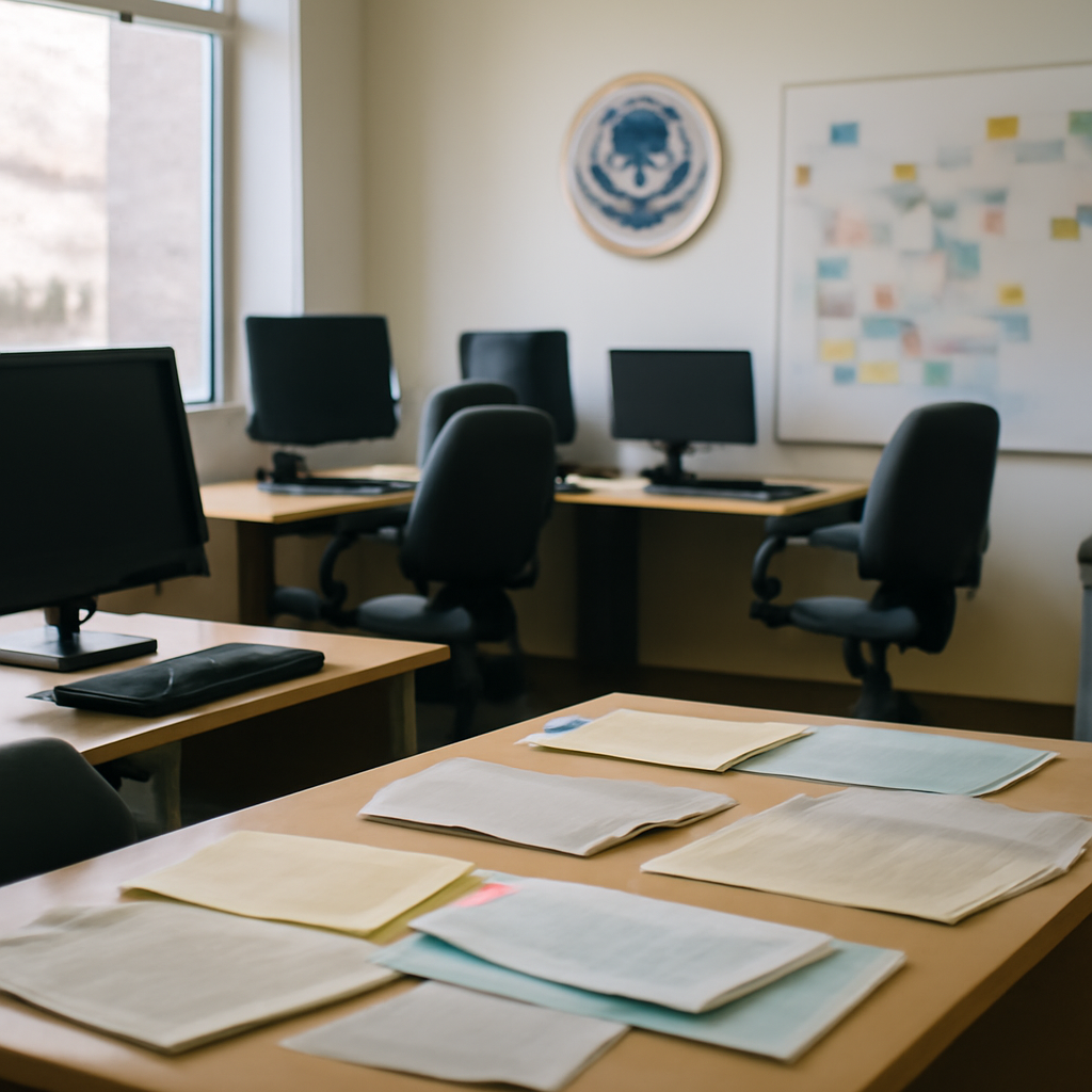 Government agency office space with computer workstations and a blurred network diagram in the background.