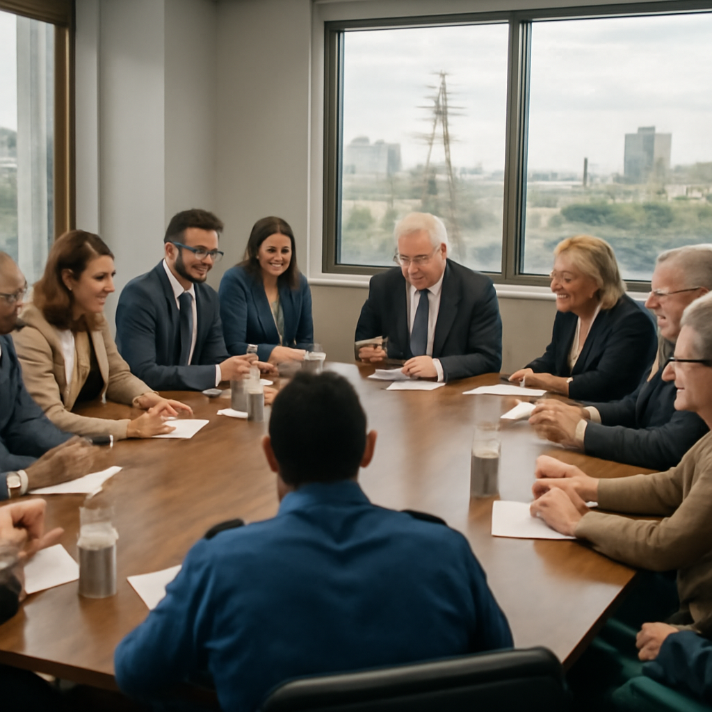 Diverse groups from government and private sectors discuss cybersecurity in a meeting room overlooking cityscape.