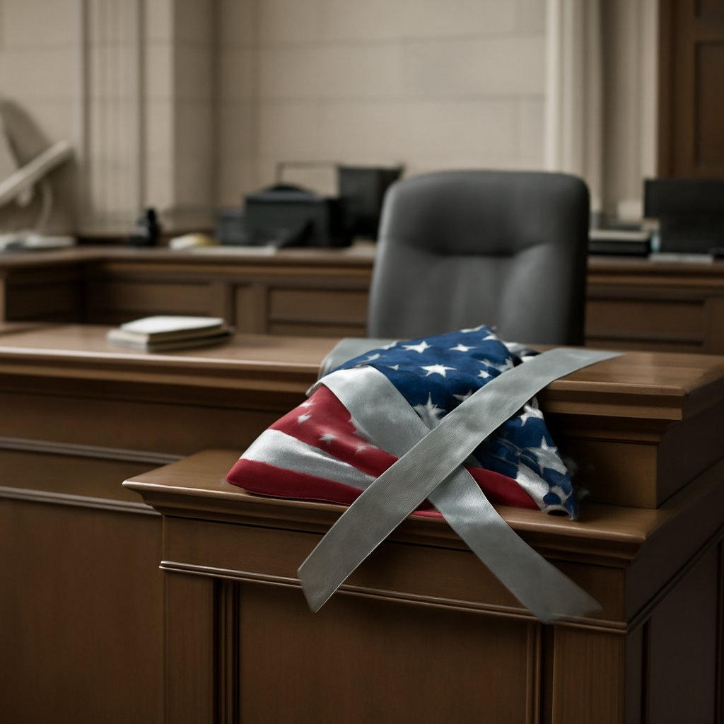 A somber government building interior with a torn or broken security badge on a table.