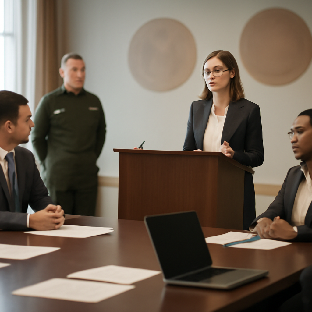 Professionals in formal attire discuss and present at a government agency briefing table.