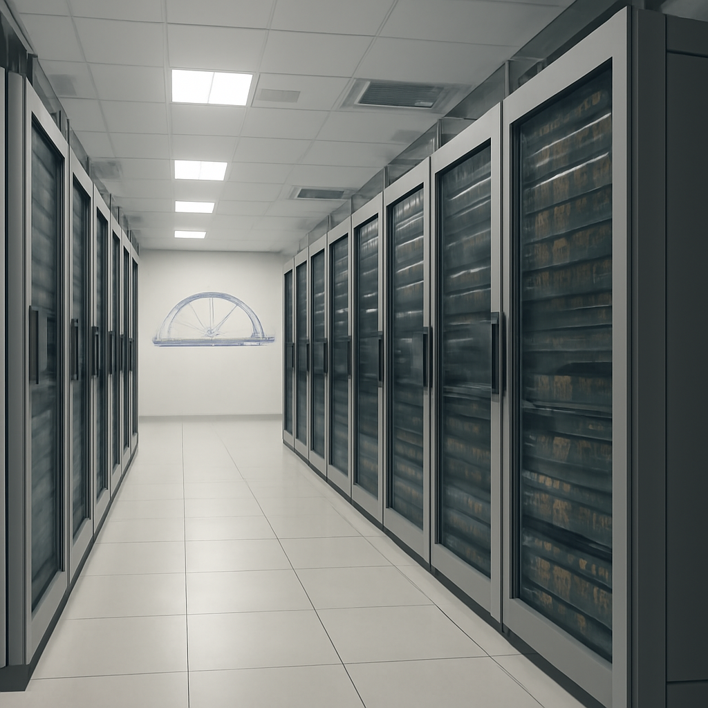 Rows of computer servers and storage equipment in a brightly-lit data center or server room.