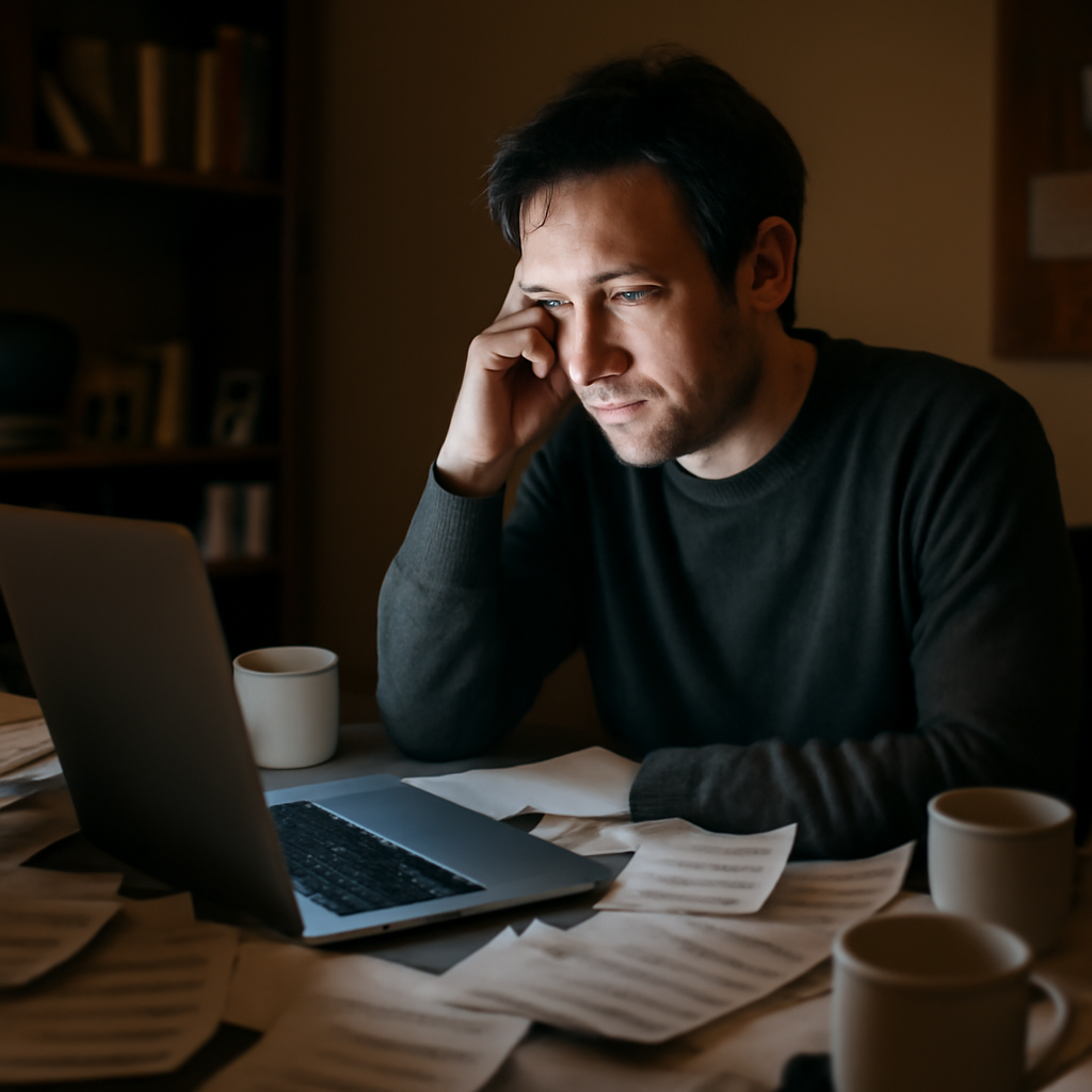 Person sits in cluttered home office, face lit softly, contemplating laptop screen.