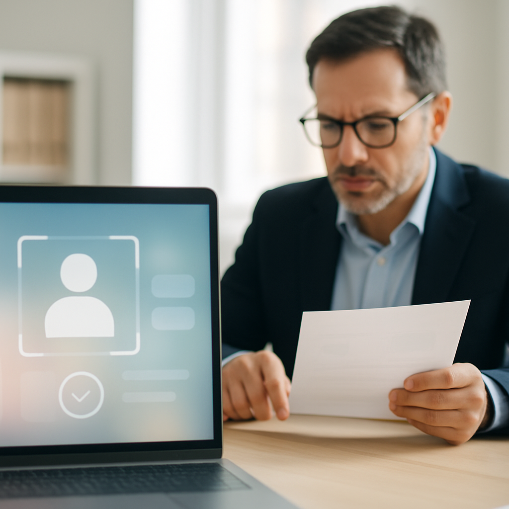 Person in background reviews documents near digital interface, with abstract digital identity verification process in…