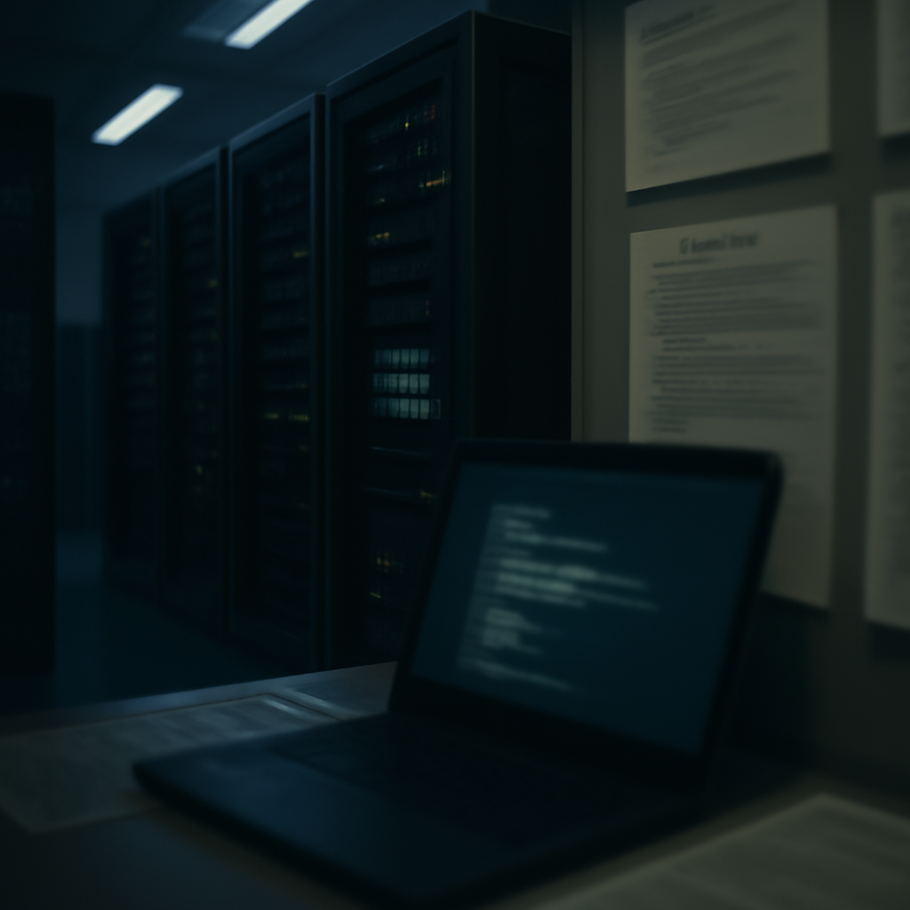 Dimly lit server room with equipment and one glowing server screen.