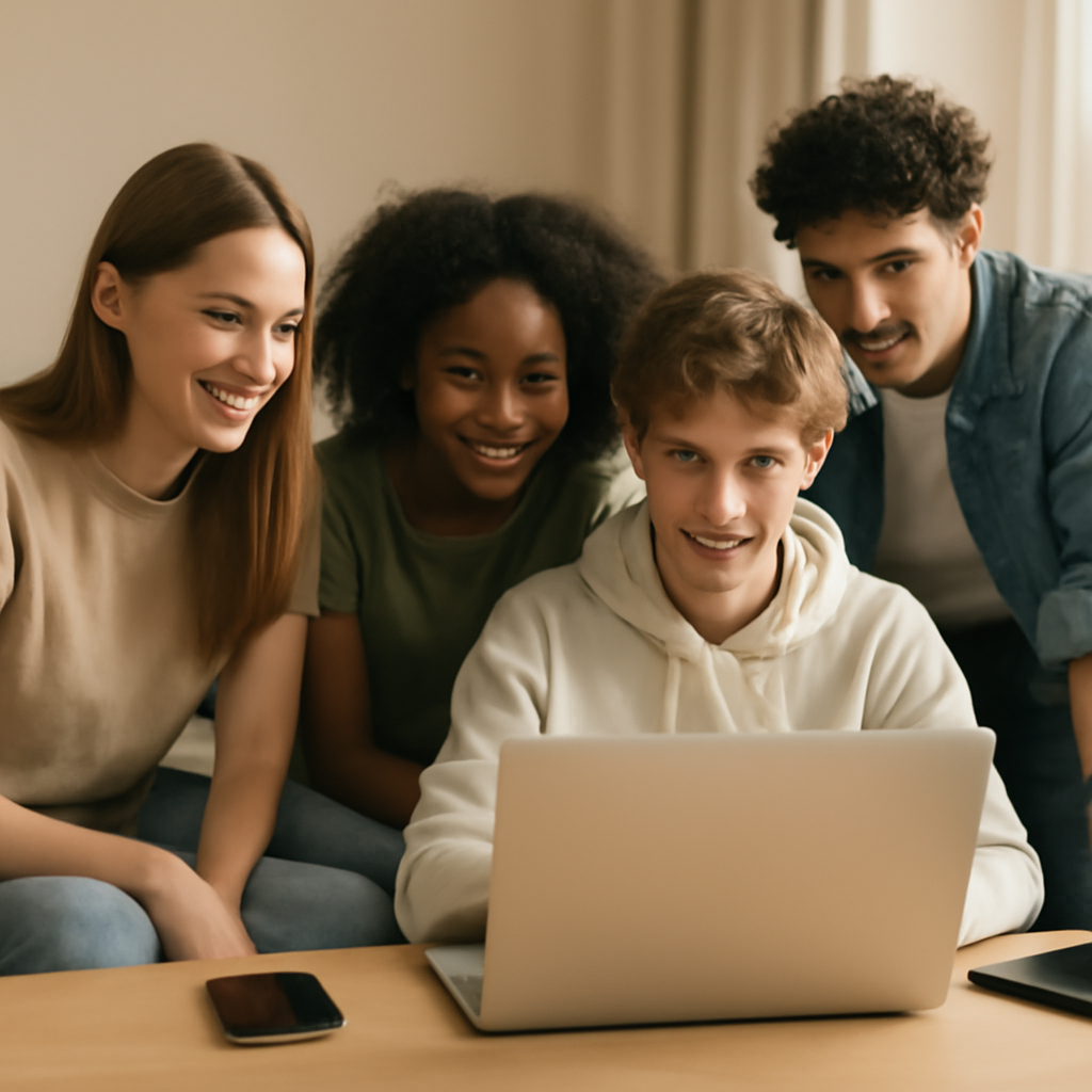 Young adults gathered around a computer in a casual setting, engaged in conversation.