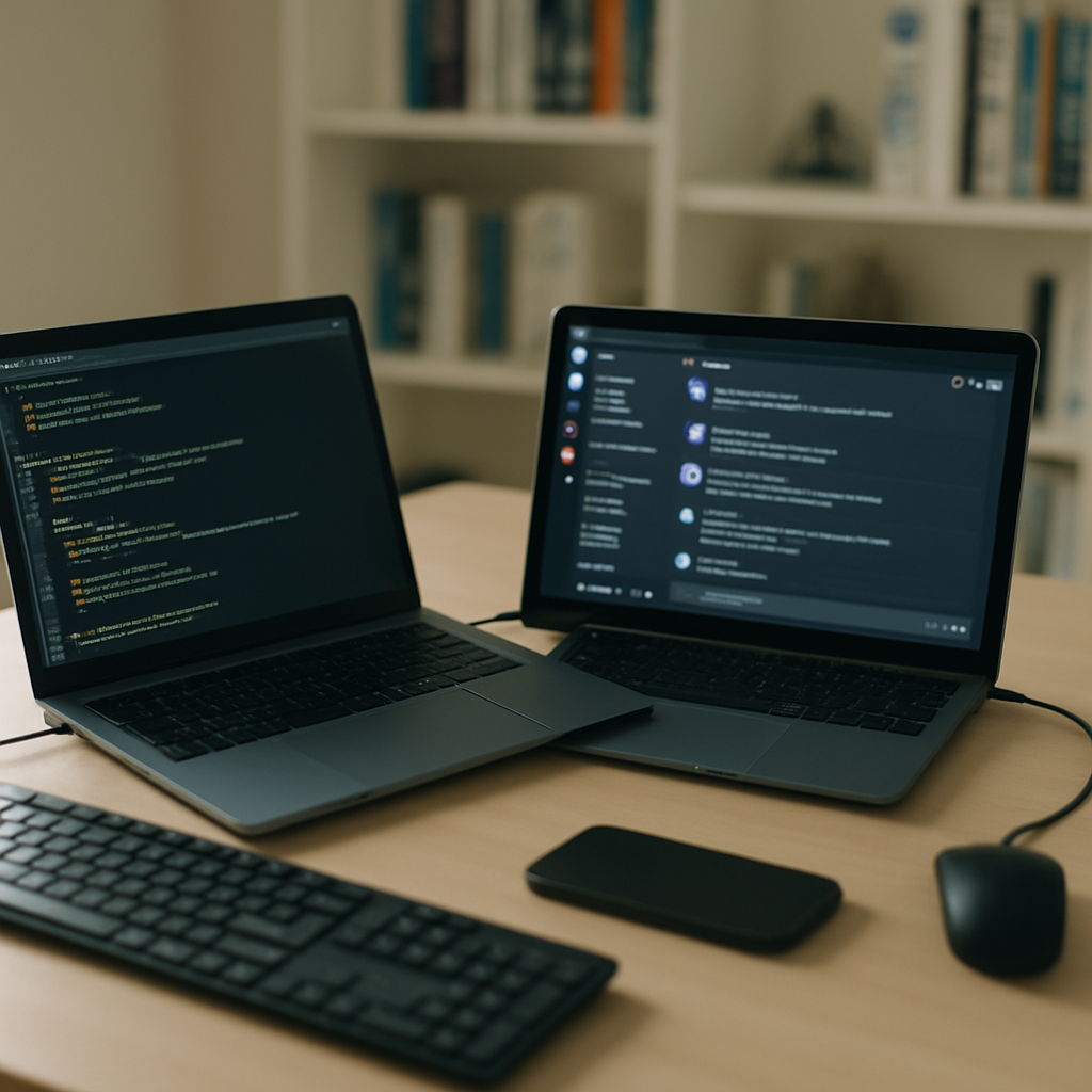 Multiple laptop screens and peripherals on a minimalist desk, with code and Discord interface visible.
