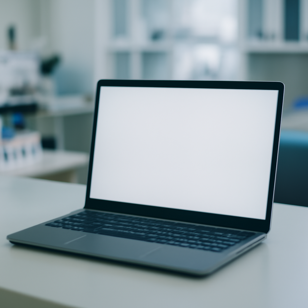 Windows laptop on a clean surface with a blank screen in a brightly-lit room.