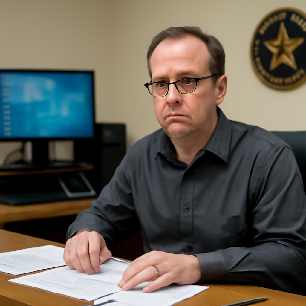 Blurred computer screen and security emblem in background of courtroom or IT office setting.