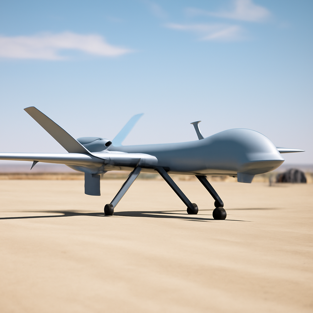 Military drone on a dry lake bed with minimal infrastructure in the background.