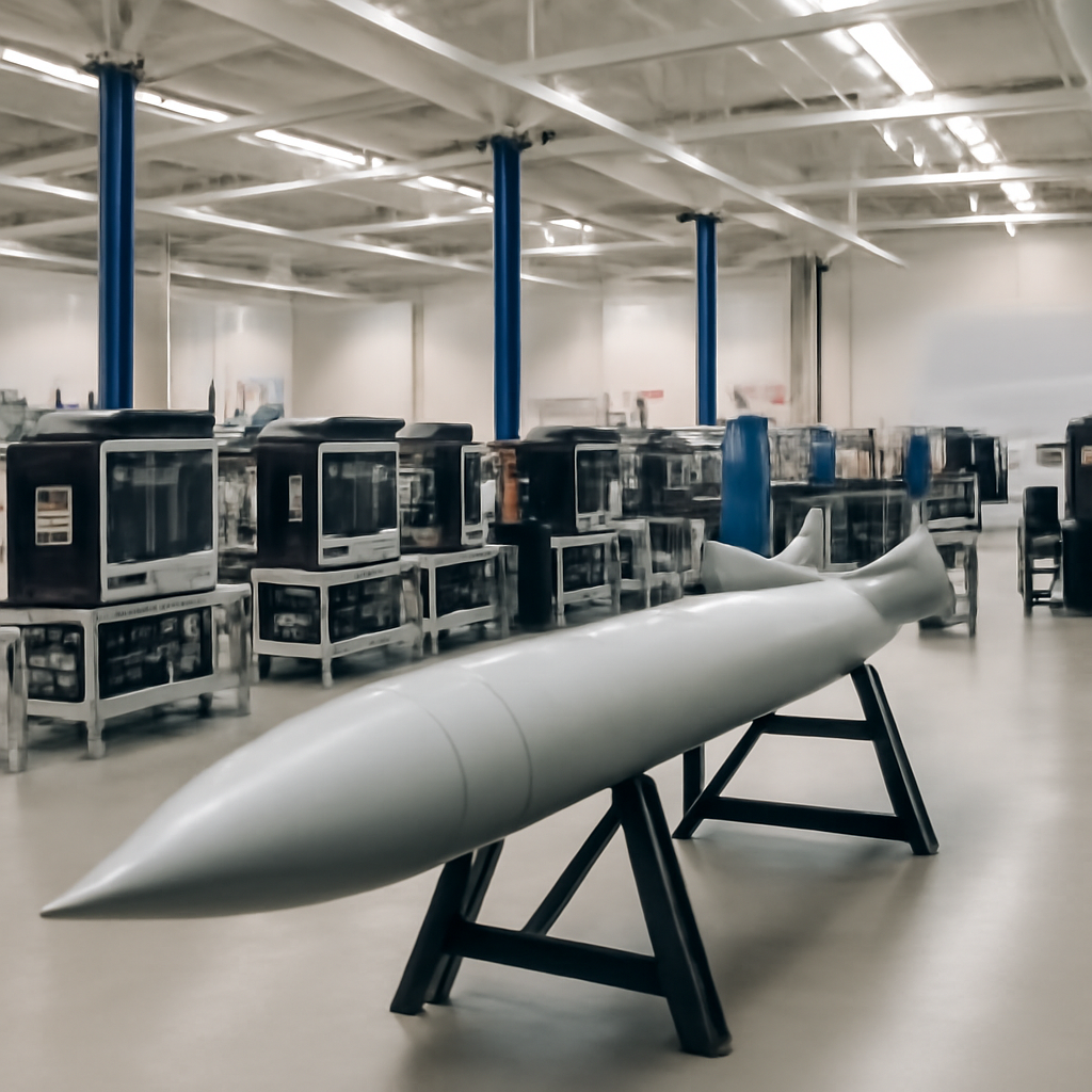 Rows of 3D printers and manufacturing equipment in a large industrial facility with workers and a missile component in the…