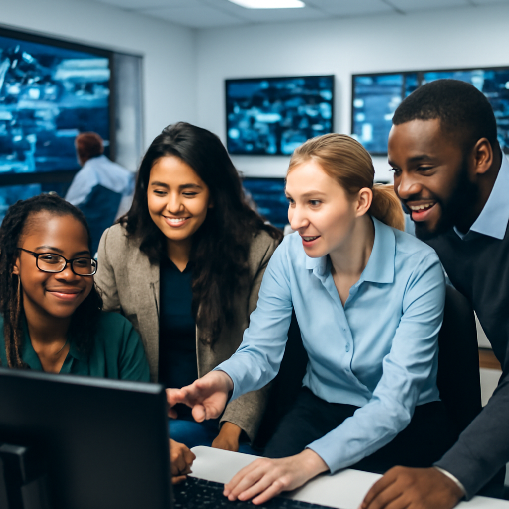 Diverse team collaborates in modern tech office with computer screens and equipment.
