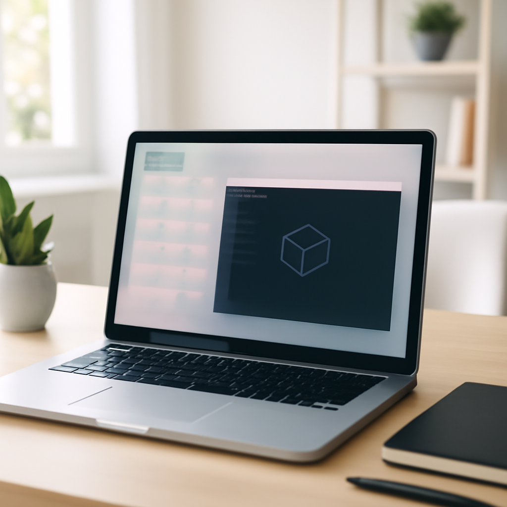 MacBook on a desk with a Docker window open and a blurred file system in the background.