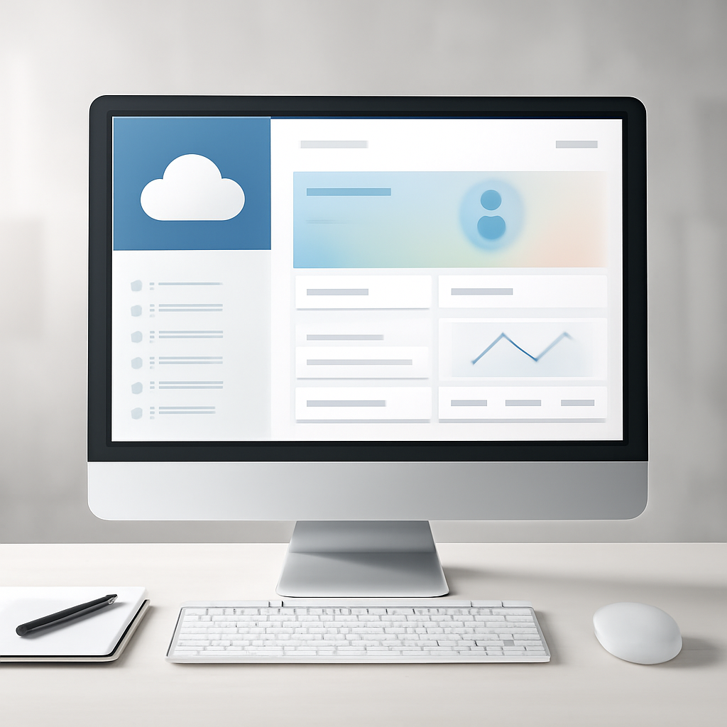 Cloud-based software service dashboard with a workstation and blurred user interface.