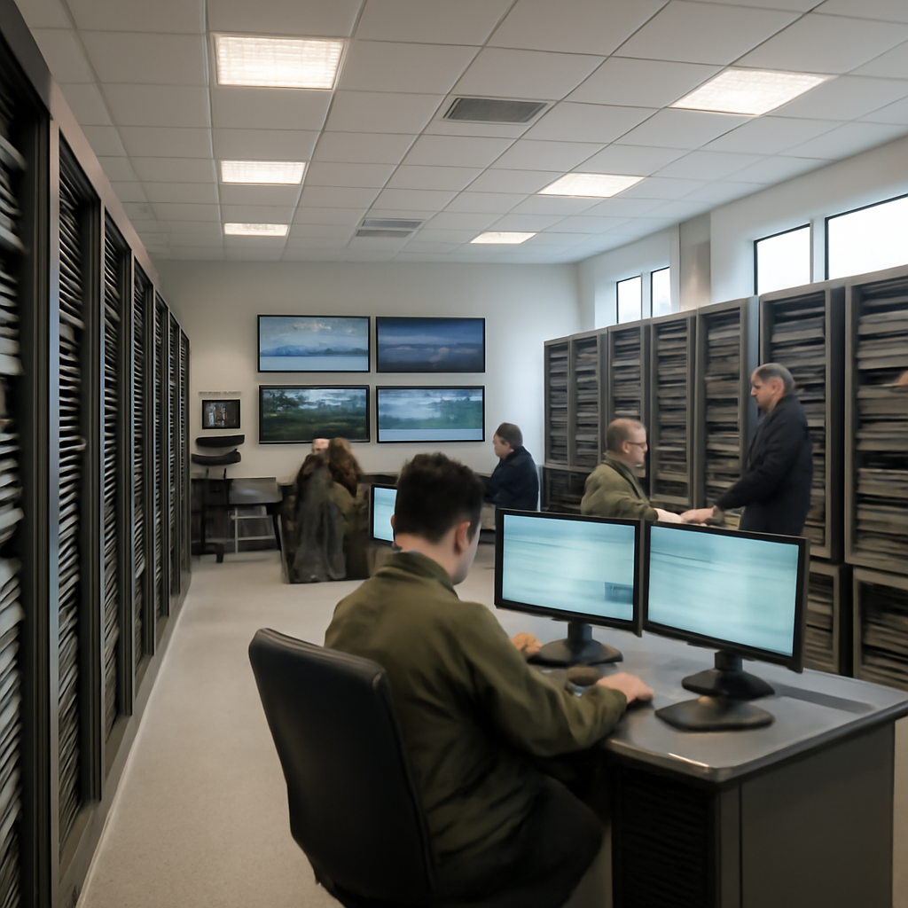 Secure government facility's network operations center with rows of computer servers and cybersecurity equipment.